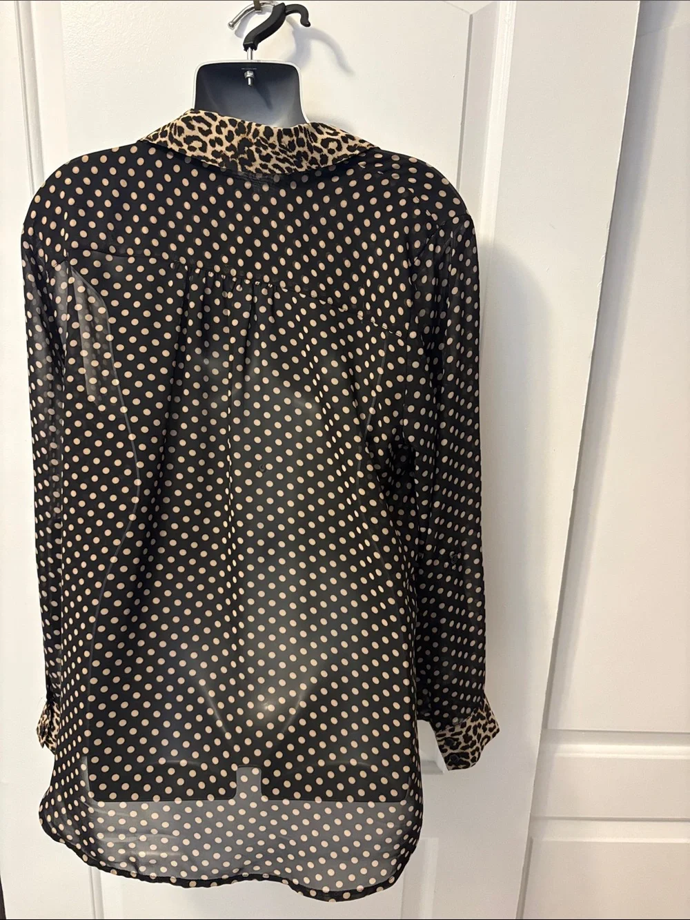 INC International Concepts Black Sheer Polka Dot Blouse with Leopard Trim - Picture 3 of 4